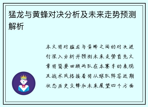 猛龙与黄蜂对决分析及未来走势预测解析