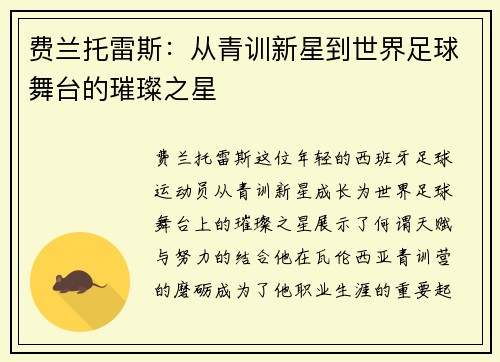 费兰托雷斯：从青训新星到世界足球舞台的璀璨之星